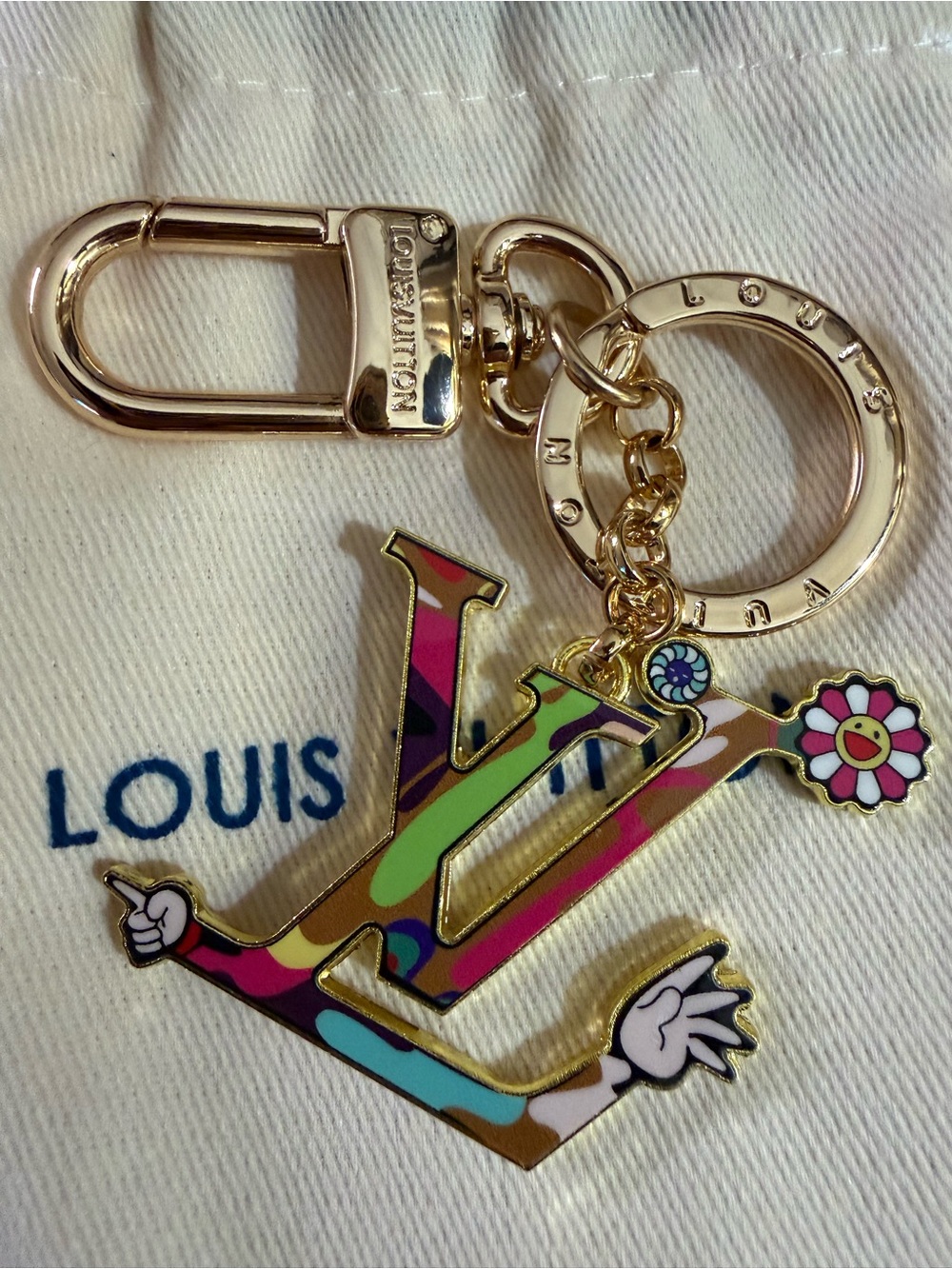 Louis Vuitton Multicolor Enamel LV Logo Key Holder with Flower Charm